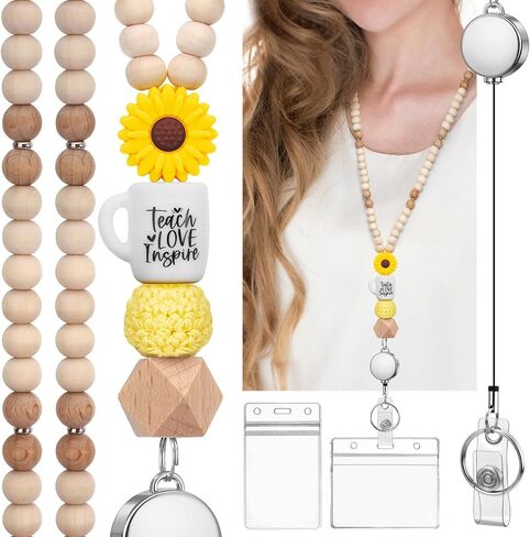 Teacher Lanyard with Id Holder, Retractable Lanyards for Id Badges Keys, Cute Wooden Beaded Lanyard for Women, Light Purple in Saudi Arabia