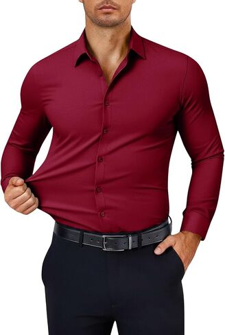 Mens Dress Shirts Muscle Long Sleeve Button Down Blouses Classic Solid Wrinkle-Free Formal Office Tops Dress Shirt in Saudi Arabia