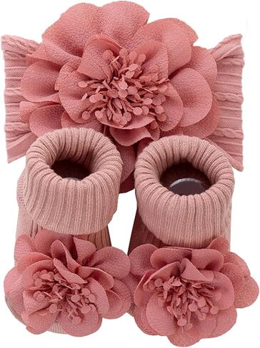 Baby Girls Bows Turban Hat Newborn Knitted Baby 100 Day Hat with Short Socks Set.(MZ28) in Saudi Arabia