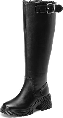 أحذية عالية للركبة بكعب عريض للنساء، أحذية ركوب الدراجات النارية اليومية، أحذية كاجوال مريحة in Kuwait