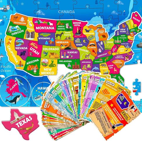 QUOKKA United States Puzzles for Kids Ages 4-6 - 70 Pcs Floor Puzzles for Kids Ages 6-8 Preschool Activities - Includes 50 Cards with 400+ USA Facts- State-Shaped Jigsaw Puzzle Gift for Girls Boys in Saudi Arabia