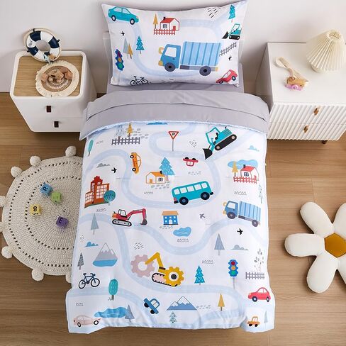 4-Piece Cars Toddler Bedding Set for Boys - Soft & Skin Friendly Toddler Bed Set Includes Toddler Comforter, Flat Sheet, Fitted Sheet and Pillowcase (Cars&Trucks) in Saudi Arabia