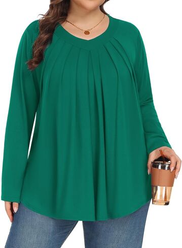 قمصان Tencede للسيدات بمقاسات كبيرة وأكمام طويلة ورقبة على شكل حرف V وبلوزات تونيك 1X-5X in Kuwait