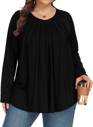 Tencede Womens Plus Size Tops Long Sleeve Shirts V Neck Tunic Blouses 1X-5X in Saudi Arabia