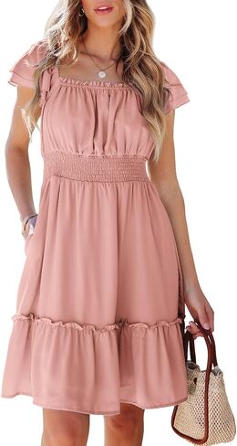 Dokotoo Womens Summer Dresses 2025 Ruffle Short Sleeve Shirred High Waist Tiered Smocked A-Line Casual Dress with Pocket in Saudi Arabia