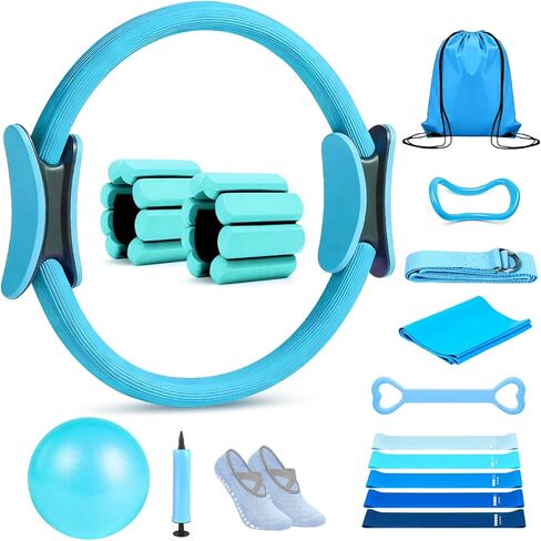 Pilates Ring Set 15 PCS, Home Pilates Essentials Kit for Women, 12"Pilates Ring and 9"Ball Set, Pilates Kit with Ankle Weights 2LB, Resistance Bands, for Toning & Better Me Gifts in Saudi Arabia