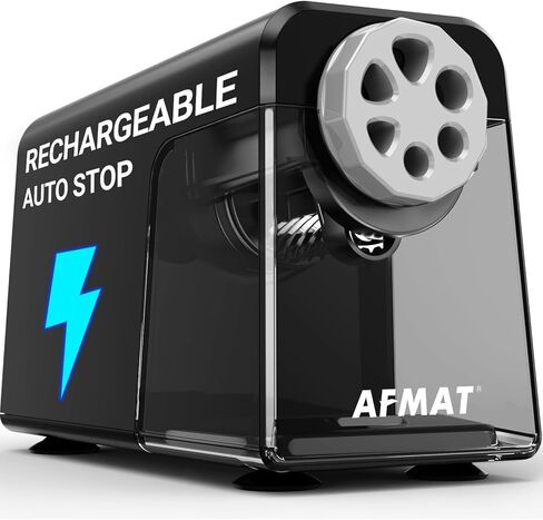 AFMAT 6-Hole Electric Pencil Sharpener Heavy Duty, Auto Stop Classroom Pencil Sharpener for 6-11mm Pencils, Rechargeable Pencil Sharpeners for School, 10000 Sharpening Times, Save Pencils, Black in Saudi Arabia