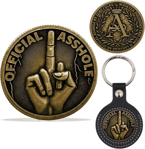 Official Asshole Middle Finger Coin - Zero Fs Given Sarcastic Challenge Token with Leather Keychain, Novelty Rude Desk Decor, Funny White Elephant Retirement Gifts for Him Dad Boss (Antique Gold) in Saudi Arabia