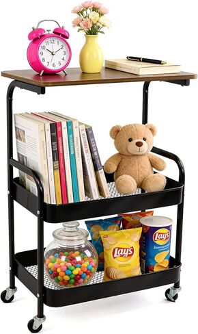 3 Tier Rolling Cart, Utility Cart with Wheels & Wood Table Top, Heavy Duty Metal Rolling Storage Organizer Cart for Kitchen, Office, Bathroom, Living Room, Laundry, Bedroom, Dorm, (Black) in Saudi Arabia