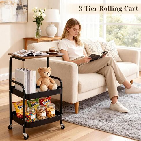 3 Tier Rolling Cart, Utility Cart with Wheels & Wood Table Top, Heavy Duty Metal Rolling Storage Organizer Cart for Kitchen, Office, Bathroom, Living Room, Laundry, Bedroom, Dorm, (Black) in Saudi Arabia