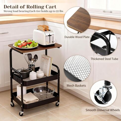 3 Tier Rolling Cart, Utility Cart with Wheels & Wood Table Top, Heavy Duty Metal Rolling Storage Organizer Cart for Kitchen, Office, Bathroom, Living Room, Laundry, Bedroom, Dorm, (Black) in Saudi Arabia