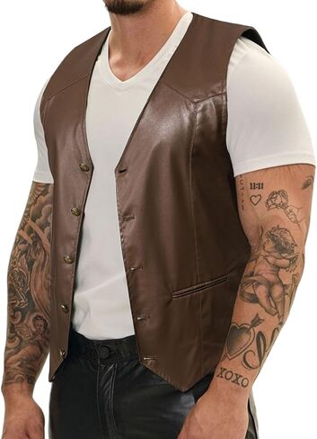 Barry.Wang Mens Leather Suit Vests Casual Western Cowboy Vest V-neck Jacket Lightweight Waistcoat in Saudi Arabia