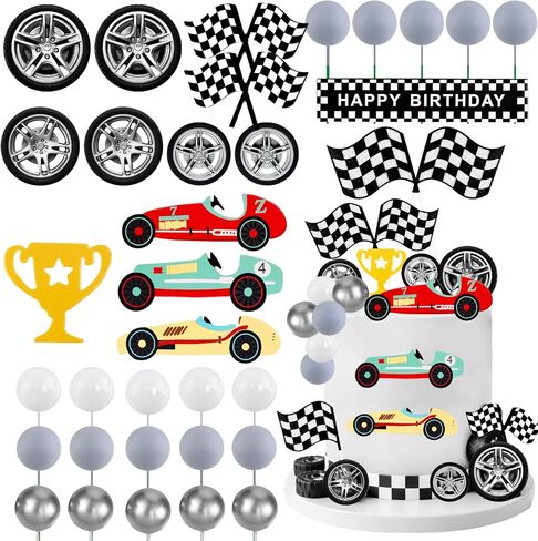 Memovan Racing Wheel Cake Topper 27pcs Car Car Cake Toppers Toire Cake Decorations Checkered Flag Car Cake Cupcake Decoration for Man Boy Boy Racing Car Super in Saudi Arabia