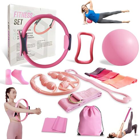 Home Workout Pilates Kit for Women, Better me Pilates Ring and Ball Set Essentials Equipment, with 5 Resistance Bands, Massager Roller, Yoga Starter Accessories for Toning Arms, Thighs & Core in Saudi Arabia
