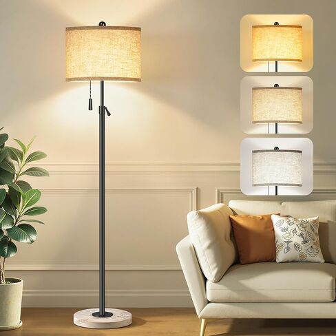 Modern Gold Floor Lamp for Living Room - Adjustable Height Standing Lamp with Marble Base & Linen Shade, 3-Way Dimmable Tall Floor Light for Bedroom, Reading, Bulb Included in Saudi Arabia