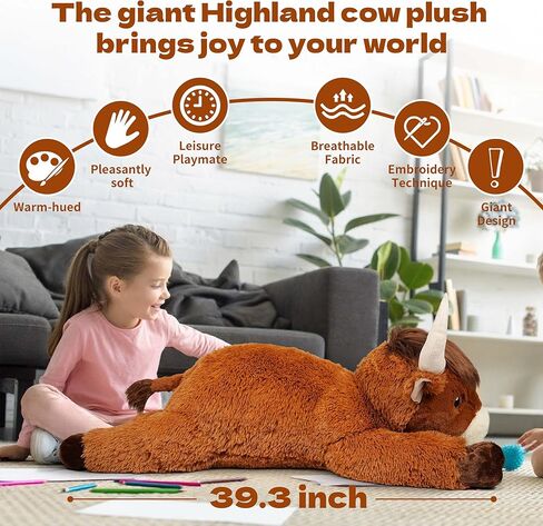 39 Inch Giant Highland Cow Stuffed Animal, Big Cattle Plushie Toy for Kids & Adults, Fluffy Large Size Stuffed Cow Hugging Pillow Gifts for Birthday Christmas in Saudi Arabia
