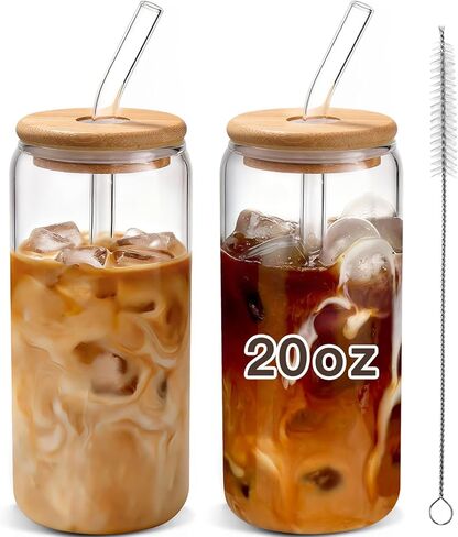 DWTS DANWEITESI Iced Coffee Cups with Lids 2 pcs,16 oz Glass Cups with Lids and Straws as Coffee Bar Accessories,Beer Drinking Glasses,Reusable Glass Tumbler,Cute Coffee Cups for Coffee, Juice, Gifts in Saudi Arabia