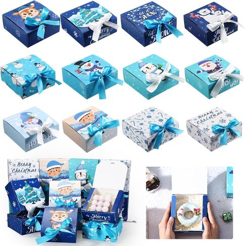 Cholemy 60 Pcs Christmas Gift Boxes with Lids Bulk, 4.5 x 4.5 x 1.95 Inch Small Christmas Boxes with Bows for Gift Card Chocolate Crafting Xmas Party Favor Supplies, 12 Styles in Saudi Arabia