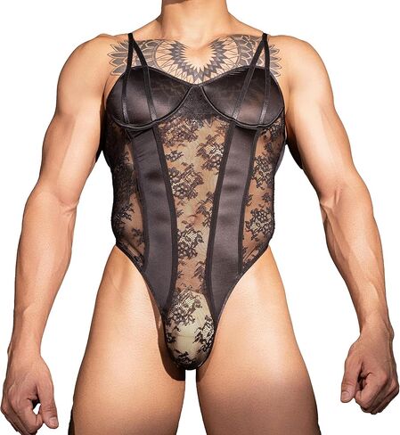 Men's Shapewear Sheer Lace Bodysuit Tops See-Through Floral Sissy Lingerie Underwear Nightwear in Saudi Arabia