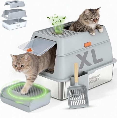 XL Stainless Steel Cat Litter Box with Enclosure and Pooper Scooper - Durable Black Metal Litter Box for Big Cats, High Sides for Anti-Leakage, Never Absorbs Odors, Non-Sticky - (60x40cm) (Black) in Saudi Arabia