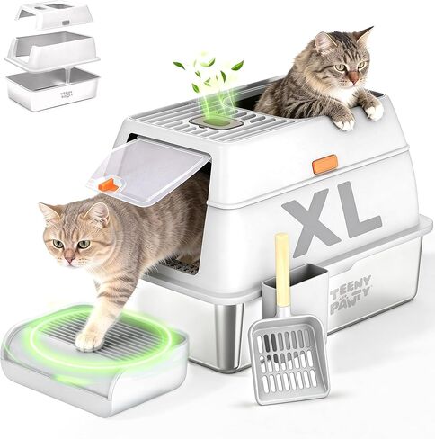 XL Stainless Steel Cat Litter Box with Enclosure and Pooper Scooper - Durable Black Metal Litter Box for Big Cats, High Sides for Anti-Leakage, Never Absorbs Odors, Non-Sticky - (60x40cm) (Black) in Saudi Arabia