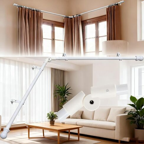 Corner Window Curtain Rod, 27-68 inch Adjustable Curtain Rods for Windows, Heavy Duty Metal Bay Window Curtain Rods, 1 Inch Black Curtain Rods for L-shaped Corner Windows, Bedroom, Living Room in Kuwait