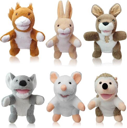 6 Pcs Animal Hand Puppets for Kids - 10 Inches Soft Plush with Movable Mouth, Interactive for Toddler Hands, Including Fun Animals, Imaginative Role Play, Storytelling, Birthday & Easter Gifts in Saudi Arabia