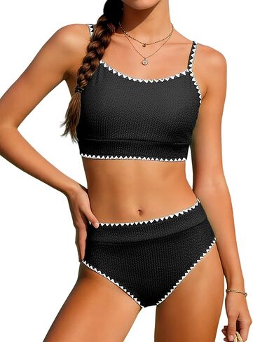 Girls Swimsuit Two Piece Solid High Waisted Bikini Contrast Trim Girls Bathing Suit for Teens with Chest Pad 9-16Y in Saudi Arabia