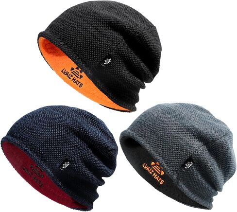 3 Pack Reversible Winter Fleece Lined Beanie Hats for Men Women Warm Windproof Cotton Stretchy Knitted Skull Caps in Saudi Arabia