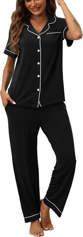 Pajamas For Women Set Button Down Short Sleeve Top and Pants Set With Pockets S-XXL in Saudi Arabia