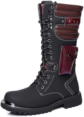 Men's Leather High Top Lace Up Motorcycle Boots Mid-Calf Military Tactical Combat Boot Buckle British Metal Biker Riding Punk Rock Backpacking Shoes in Saudi Arabia