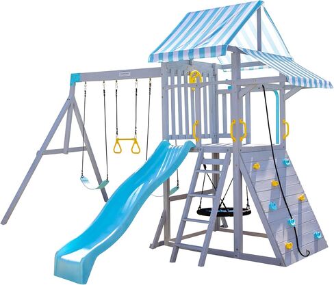 Teamson Kids Wooden Swing Sets for Backyard Outdoor Playset with Slide Rock Wall Trapeze Bar Fireman Pole Pirate Wheel Kids Playground with Swingset Holds 9 Children Ages 3 to 10 in Saudi Arabia