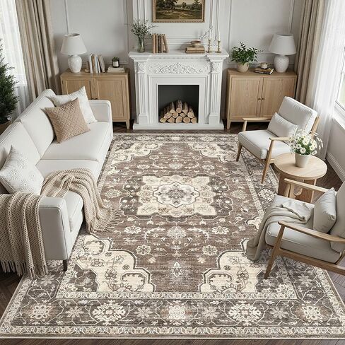 Vintage 9x12 Area Rugs for Living Room, Soft Washable Rug, Large Rugs for Bedroom, Dining Room or Home Office, Non-Slip Backing, Stain Resistant Home Decor Rug - Beige/Orange in Saudi Arabia