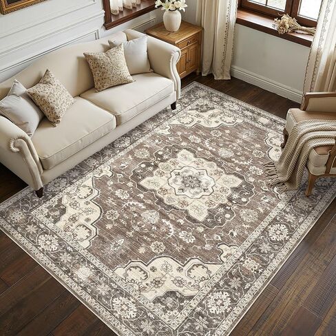 Vintage 9x12 Area Rugs for Living Room, Soft Washable Rug, Large Rugs for Bedroom, Dining Room or Home Office, Non-Slip Backing, Stain Resistant Home Decor Rug - Beige/Orange in Saudi Arabia
