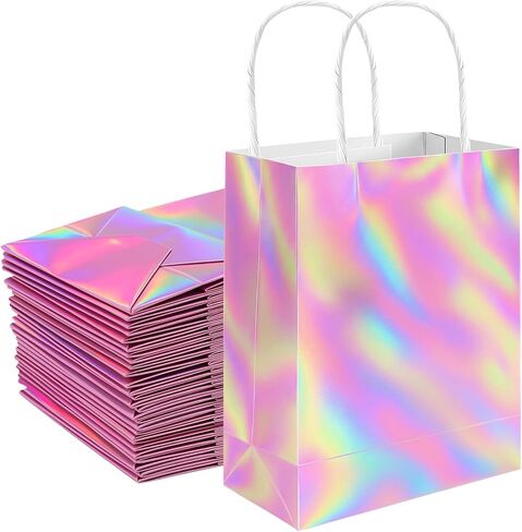 Shintop 30Pcs Iridescent Gift Bags with Handle, 8.3 x 5.9 x 3.1 Inch Holographic Goodie Bags Reusable Paper Glitter Party Favor Tote for Birthday Bachelorette Boutique in Saudi Arabia