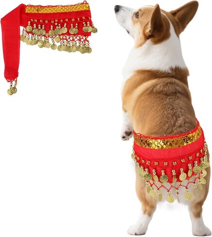 Dog Belly Dancer Skirt ، Bling Belly Dance Hip وشاح لـ Corgis الكلب التفاف مع الترتر من الترتر جرو للرقص الأليفة الأزياء لحفلات عيد الهالوين أداء الاحتفال (الوردي) in Kuwait