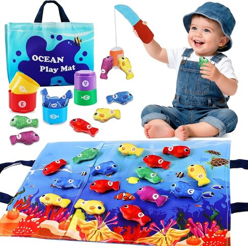 M SANMERSEN 1 Year Old Baby Fishing Toy - Montessori Games Baby Toy 12-18 Months One Year Old Boy Birthday Gift to Learn Count, Sort Colors and Recognize Shapes - Soft Fabric with Storage Bag in Saudi Arabia