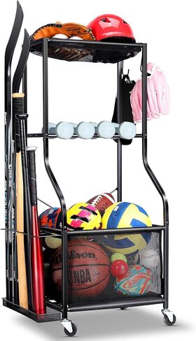 منظم المعدات الرياضية للمرآب مع عجلات - رف تخزين أكياس الجولف وصناديق تخزين الكرة ، ونظام منظم المرآب المتداول الشديد مع سلة وخطافات للمعدات الرياضية الداخلية/الخارجية in Kuwait