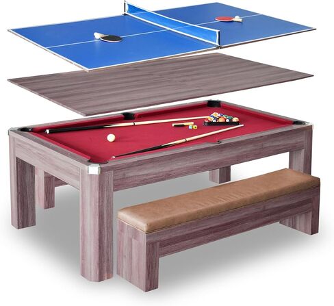 Hathaway Newport 7 Foot Dining Pool Table Combo with Game Accessories, & 2 Benches – Multifunctional Billiards Table with Ping Pong & Dining Top – Light Oak Finish, Chrome Accents, Red Felt in Saudi Arabia