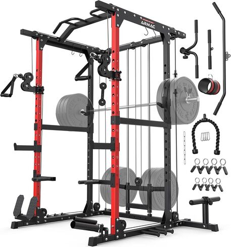 ARMAC Power Cage,1500lbs Multi-Function Power Rack with Adjustable Cable Crossover System and More Training Attachment (red) in Saudi Arabia