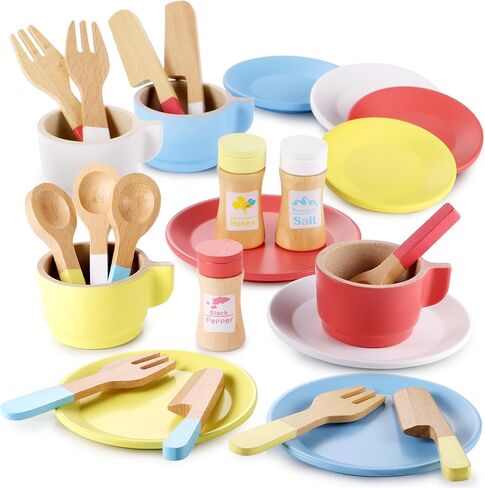مجموعة أطباق اللعب الخشبية Gagaku Kids -27pcs Montessori Play Play Play Plate Plates and Bowls Troughs ، وقوف التخزين واللعب الطعام ، والتظاهر بألعاب الطبخ للأعمار من 3 إلى 5 سنوات ، هدية تعليمية للطفل in Kuwait