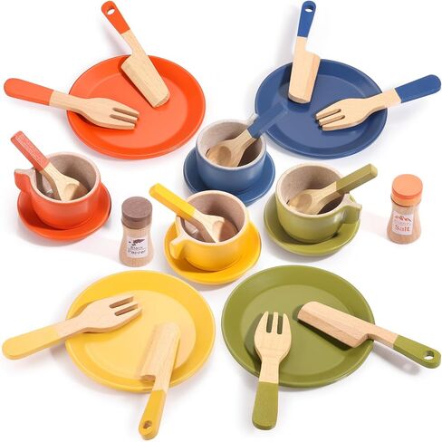 مجموعة أطباق اللعب الخشبية Gagaku Kids -27pcs Montessori Play Play Play Plate Plates and Bowls Troughs ، وقوف التخزين واللعب الطعام ، والتظاهر بألعاب الطبخ للأعمار من 3 إلى 5 سنوات ، هدية تعليمية للطفل in Kuwait