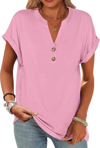 ANRABESS Women's Short Sleeve Henley Tops V Neck Summer Casual Loose Dressy Shirts Blouse in Kuwait
