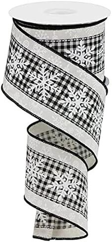 Snowflake on Check Ribbon Wired Edge - 10 Yards (Black, White, 2.5 Inch) in Saudi Arabia