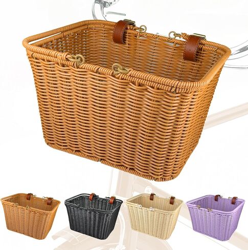 Bike Basket Front,Hand-Woven Bicycle Basket for Adult Bikes with Leather Straps, Easy Detachable,30 * 24 * 19cm in Kuwait