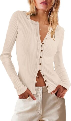 LAMISSCHE Womens Ribbed Cardigan Long Sleeve Button Down Shirts Lightweight Stretchy Pullover Tunic Tops in Saudi Arabia