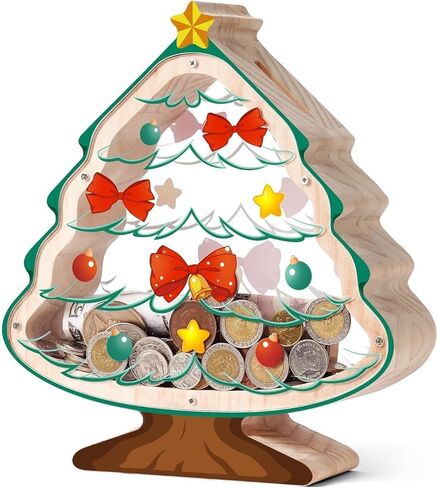 بنك أصبع شجرة عيد الميلاد الخشبي للأطفال، بنك أصبع عيد الميلاد مع ألواح أكريليك، صندوق نقود للأطفال الصغار غير قابل للكسر للأولاد والبنات، بنك عملات معدنية آمن مع ملصق حروف in Kuwait