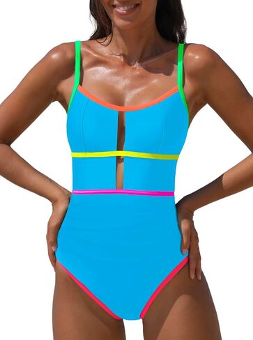 popvil Women One Piece Swimsuit 2025 Sporty Neon Bathing Suit Tummy Control Swim Suit Cut Out Adjustable Straps Swimwear in Saudi Arabia
