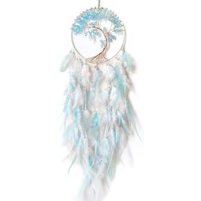 SOYUZU Dream Catcher for Girls, Tree of Life Crystal Dream Catcher, White Cyan Feather Dream Catchers Wall Hanging for Bedroom Adult Kids Wall Art Ornament Craft Gifts