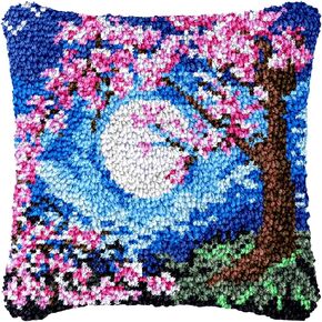 Blossom Cherry Flower Tree Blue Moon Latch Hook Pillow Kit for Adults DIY Throw Pillow Cover with Printed Canvas Crochet Yarn Needle Craft Easy Handmade Cushion for Decoration 43x43cm(11)